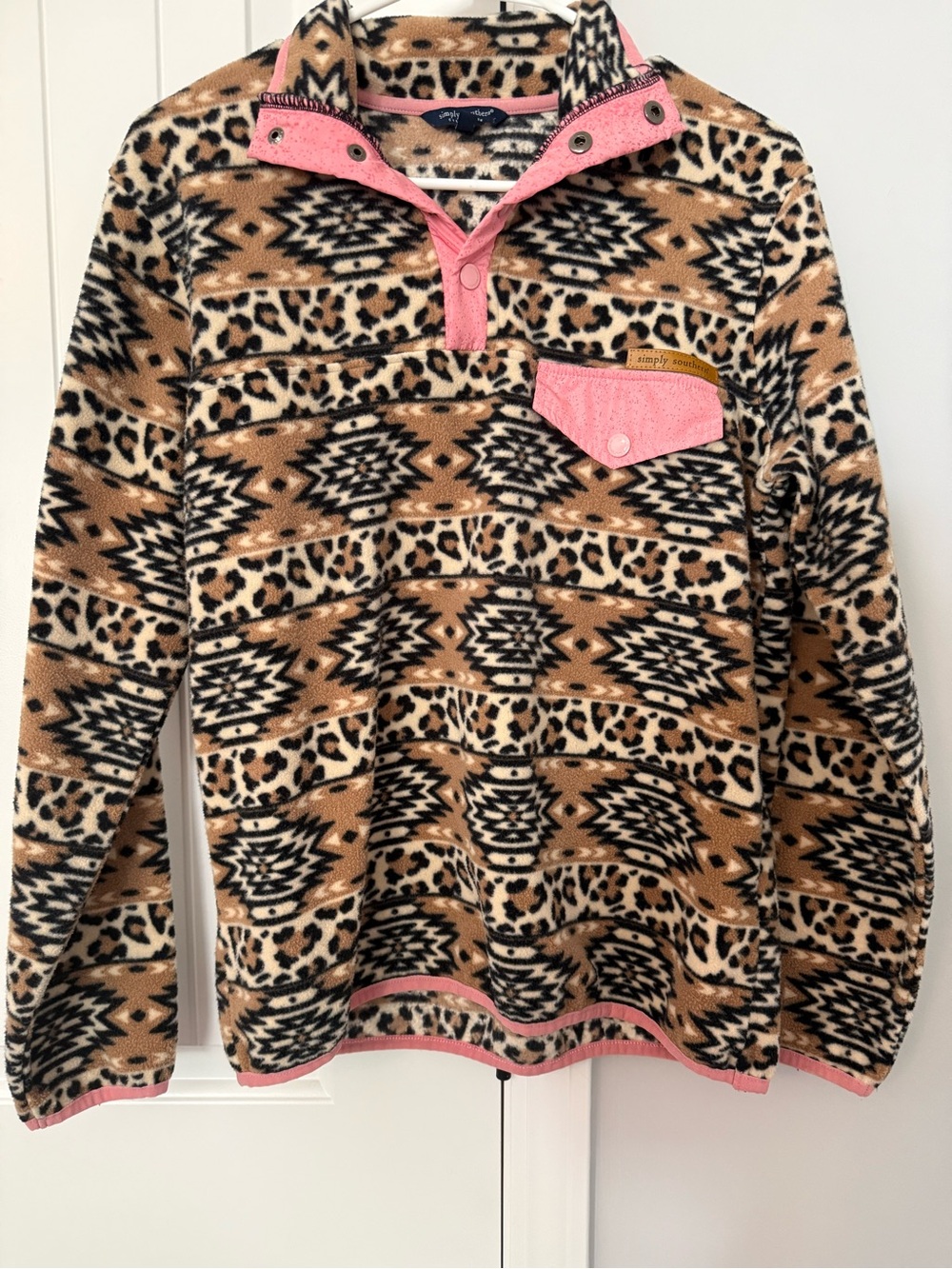 Simply Southern Aztec Leopard Fleece Jacket with Pink Pocket Accent
